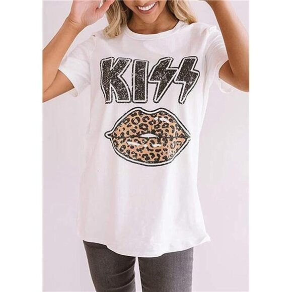 White KISS‎ Fitted Vintage Graphic Tee Rock Band Short Sleeve T-Shirts Top - Picture 2 of 6